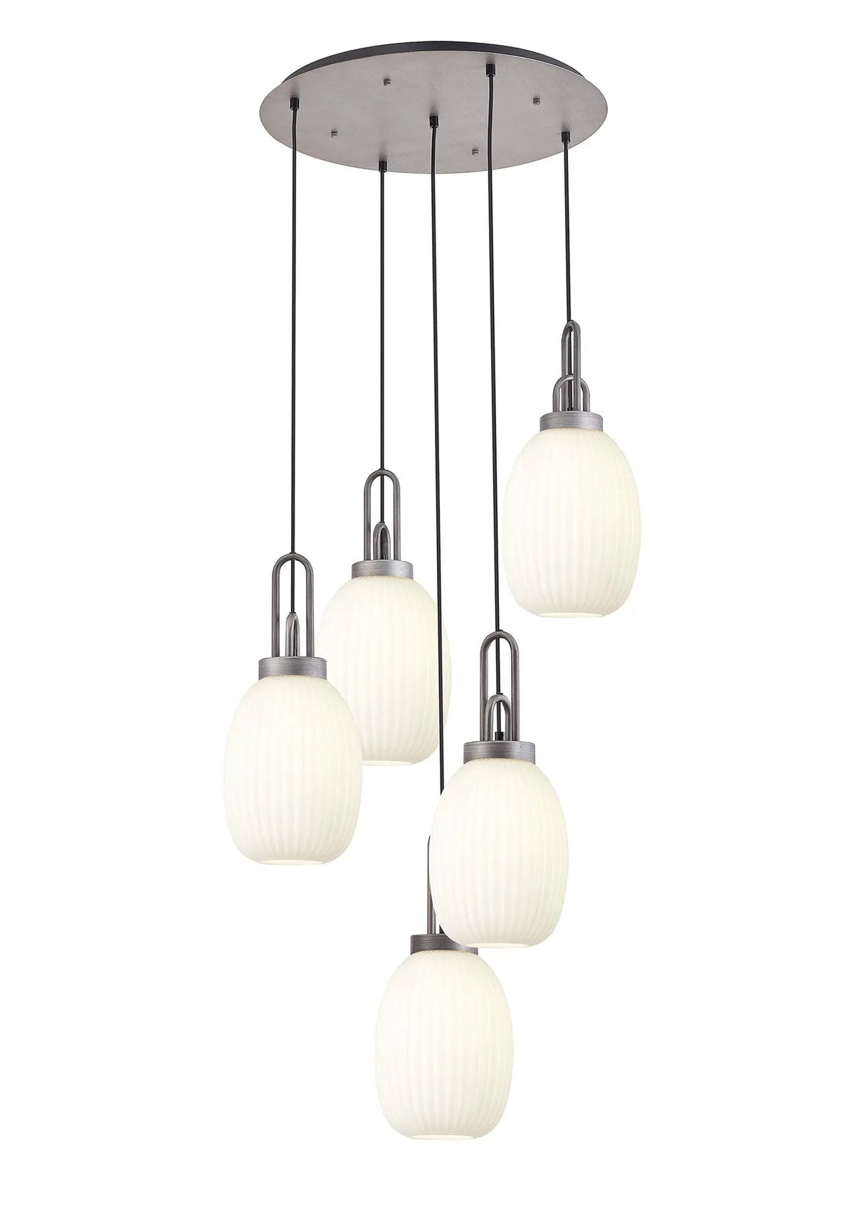 Allardyce Round 5 Light Pendant With 20cm Almond Ribbed Glass, Aged Pewter/Matt Black Opal