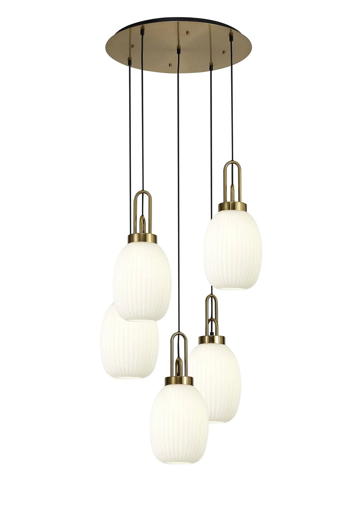 Allardyce Round 5 Light Pendant With 20cm Almond Ribbed Glass, Brass Gold/Matt Black Opal