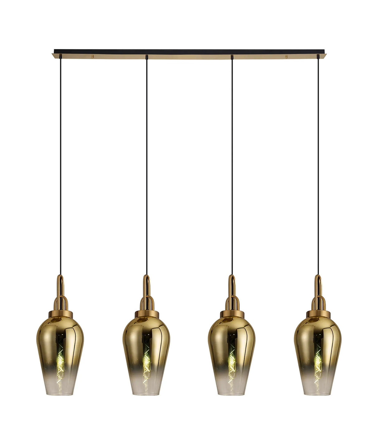 Allardyce Linear 4 Light Pendant E27 With 23cm Pear Glass, Brass Gold/Clear Brass Gold/Matt Black