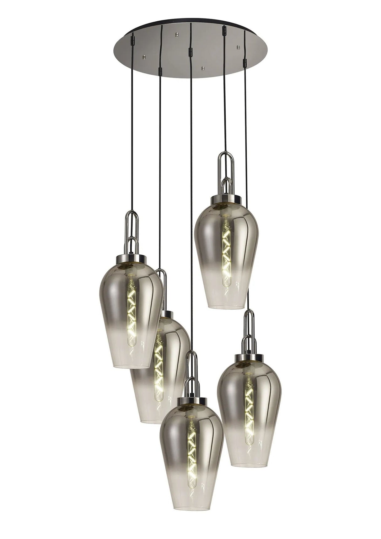 Allardyce Round 5 Light Pendant With 23cm Pear Glass, Polished Nickel/Matt Black Smoked/Clear