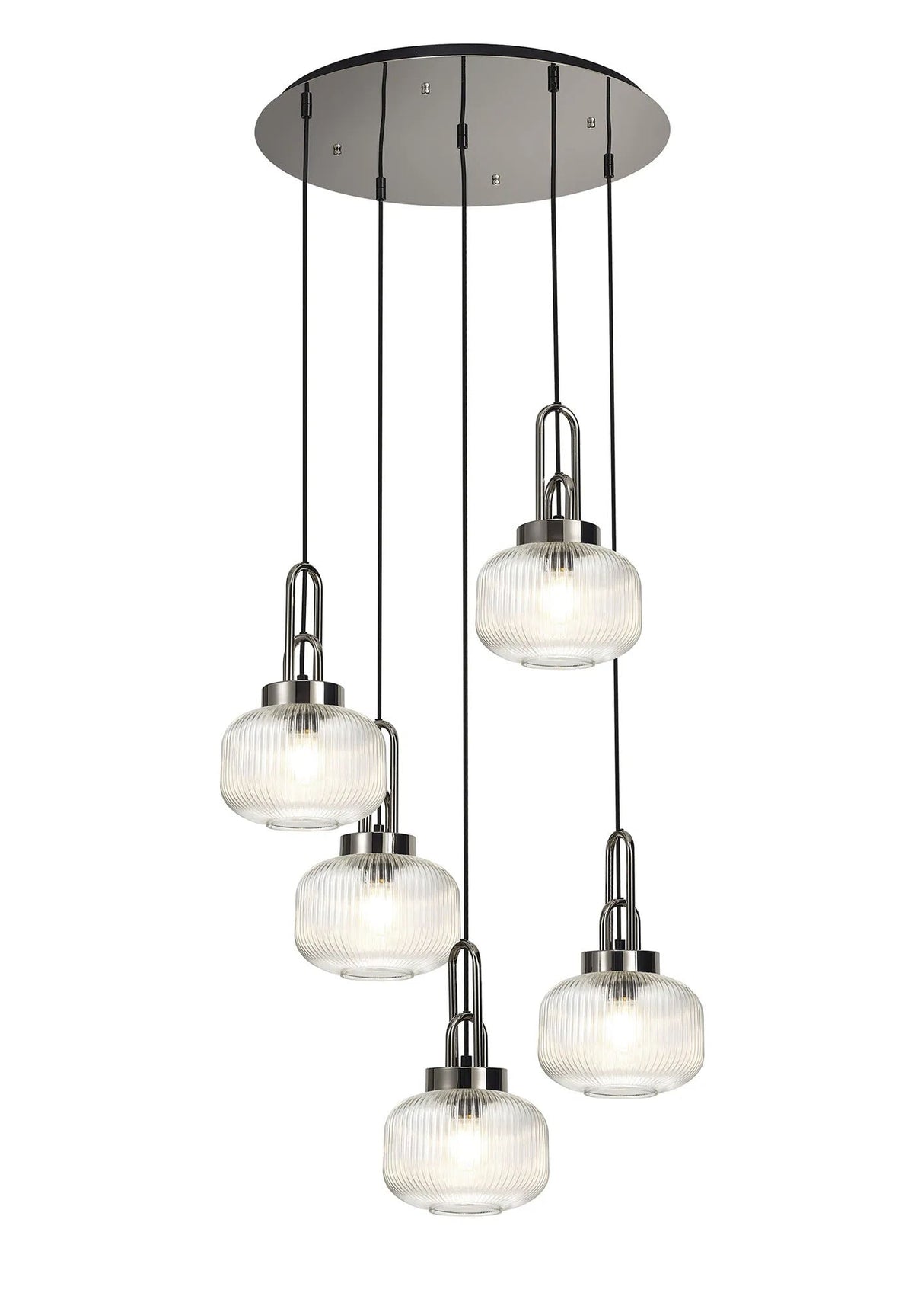 Allardyce 2.5m Round Pendant, 5 x E27, Polished Nickel/Matt Black With 20cm Pumpkin Shaped Ribbed Clear Glass