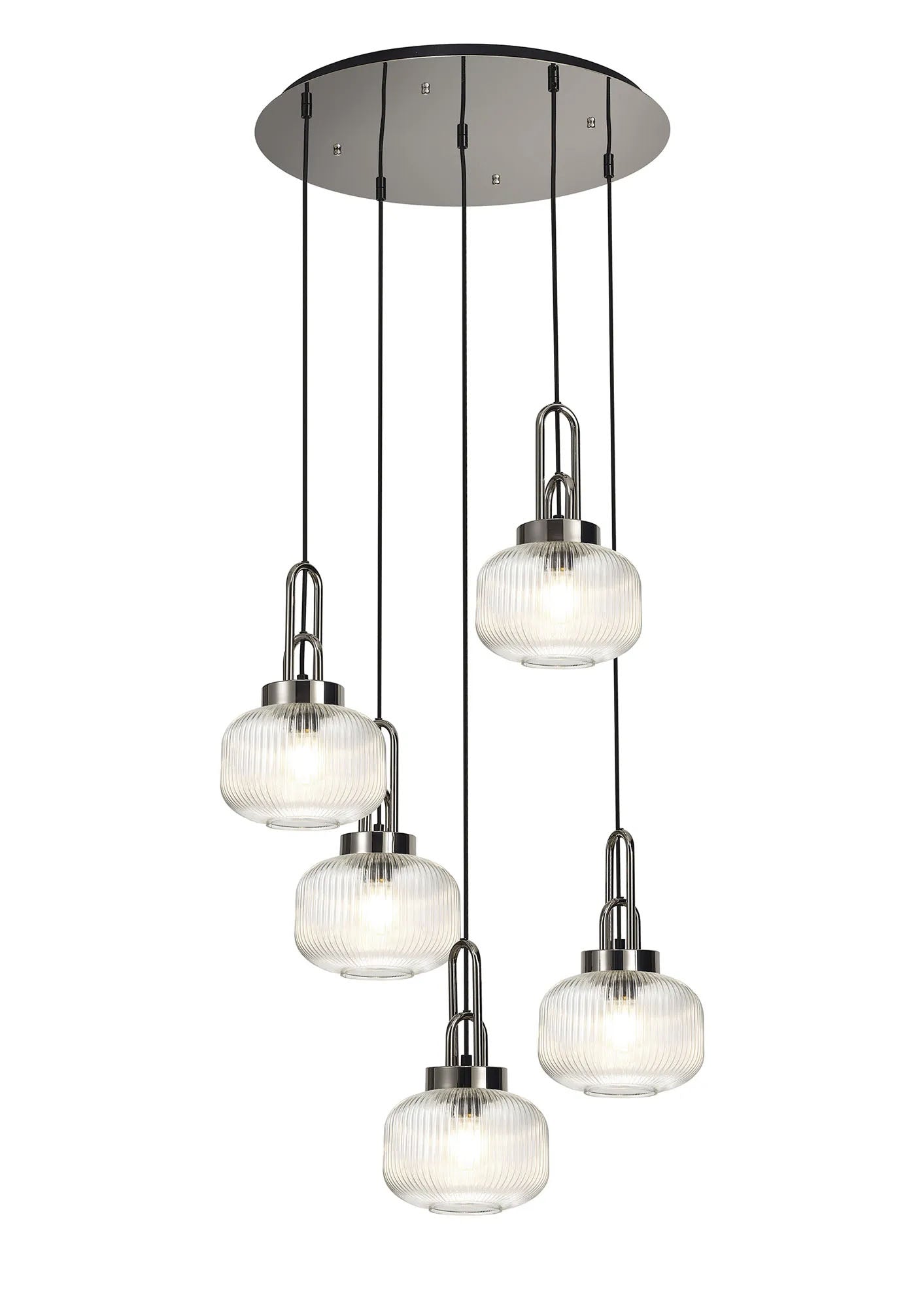 Allardyce 2.5m Round Pendant, 5 x E27, Polished Nickel/Matt Black With 20cm Pumpkin Shaped Ribbed Clear Glass