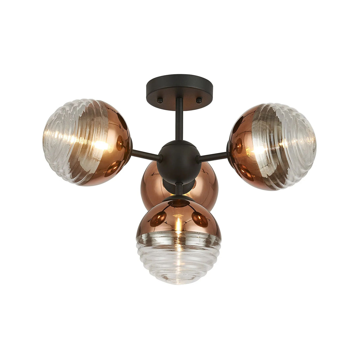 Armfield 51cm Semi-Flush Multi Arm Ceiling Light, 4 x G9, Satin Black/Copper/Clear Two-Tone Round Spiral Glass (A)