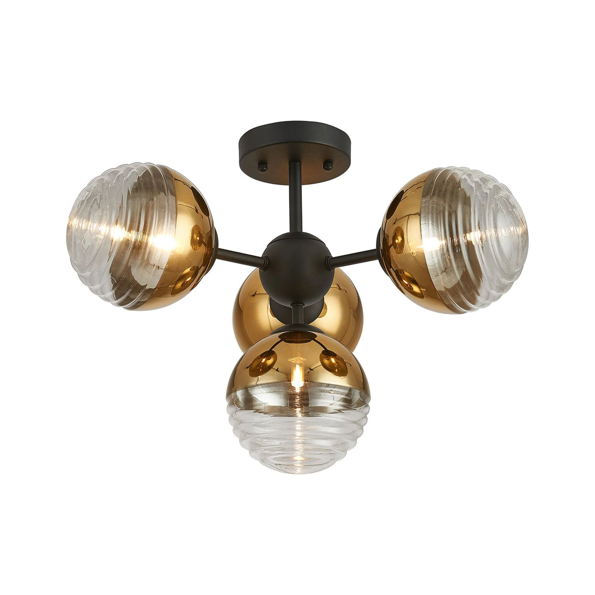 Armfield 51cm Semi-Flush Multi Arm Ceiling Light, 4 x G9, Satin Black/Gold/Clear Two-Tone Round Spiral Glass (A)