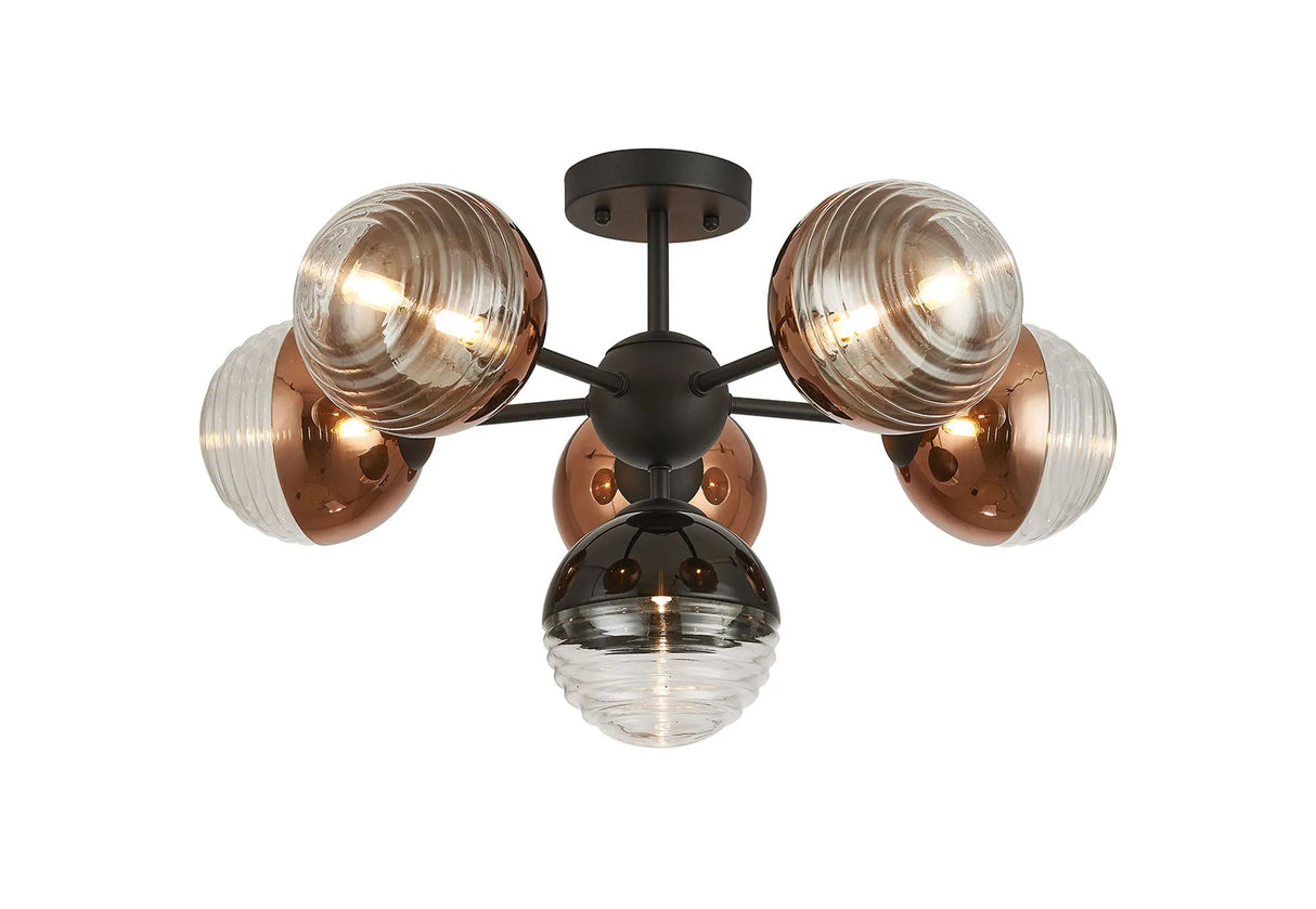 Armfield 62cm Semi-Flush Multi Arm Ceiling Light, 6 x G9, Satin Black/Black/Copper/Clear Two-Tone Round Spiral Glass (A)