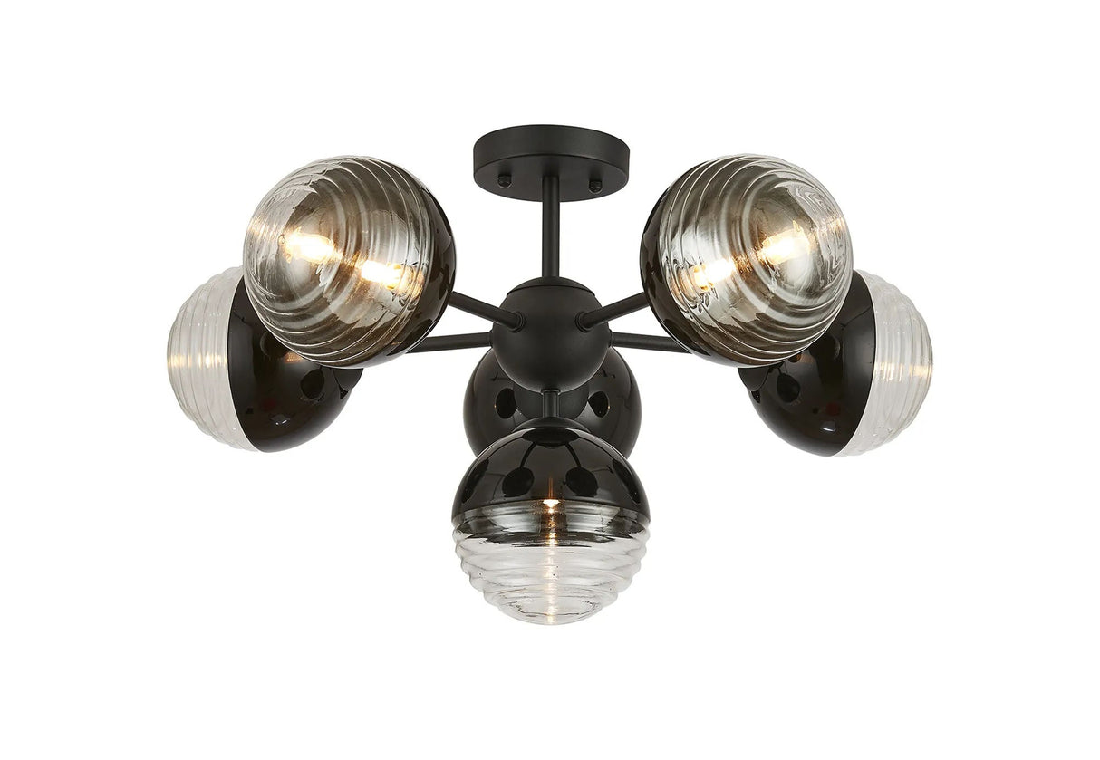 Armfield 62cm Semi-Flush Multi Arm Ceiling Light, 6 x G9, Satin Black/Black/Clear Two-Tone Round Spiral Glass (A)