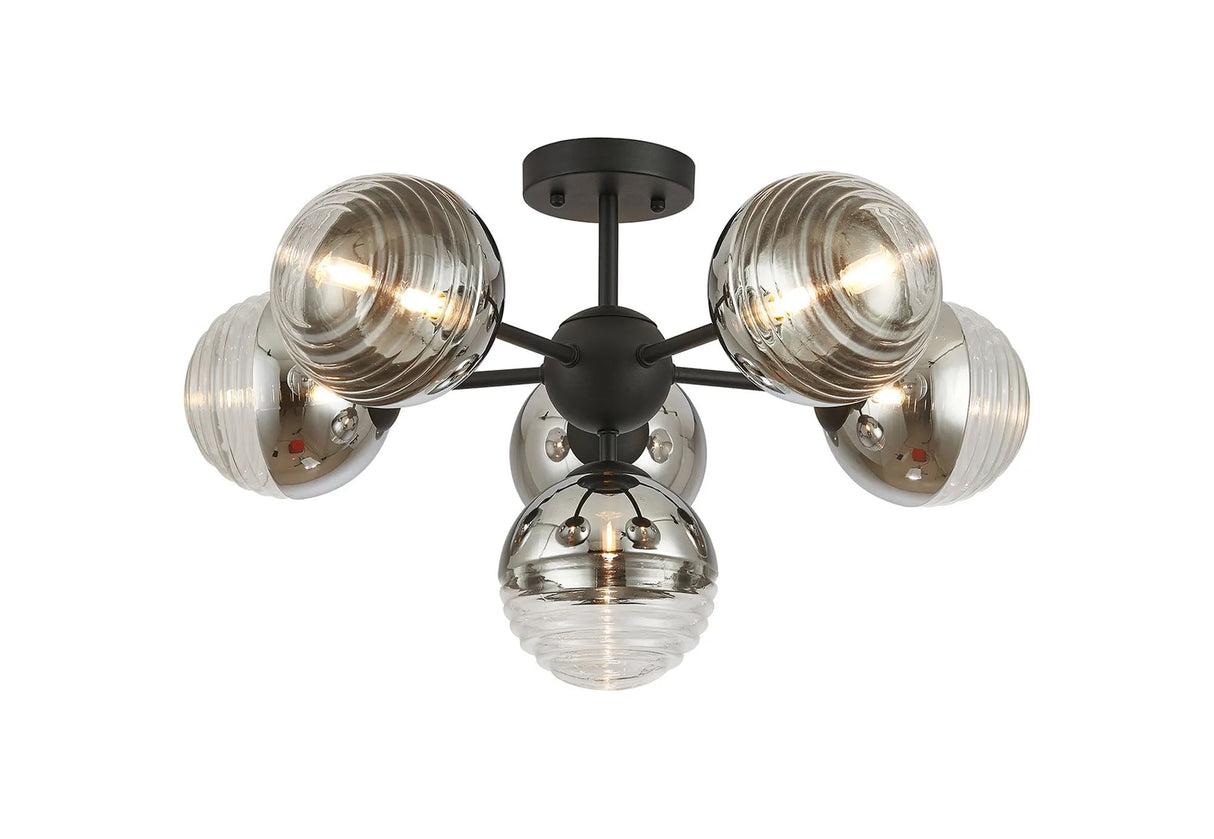 Armfield 62cm Semi-Flush Multi Arm Ceiling Light, 6 x G9, Satin Black/Chrome/Clear Two-Tone Round Spiral Glass (A)