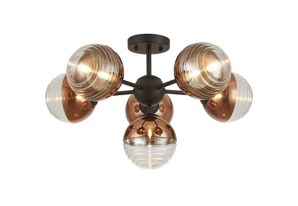 Armfield 62cm Semi-Flush Multi Arm Ceiling Light, 6 x G9, Satin Black/Copper/Clear Two-Tone Round Spiral Glass (A)