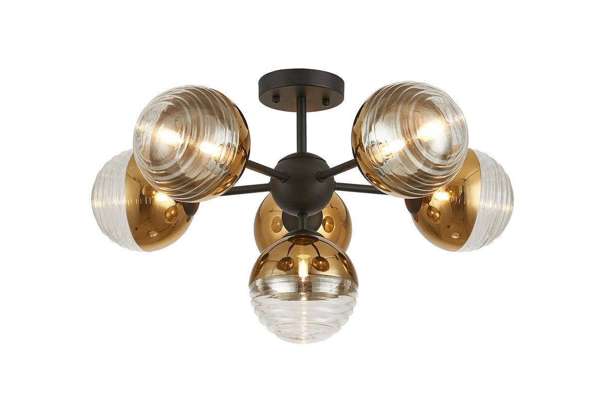 Armfield 62cm Semi-Flush Multi Arm Ceiling Light, 6 x G9, Satin Black/Gold/Clear Two-Tone Round Spiral Glass (A)