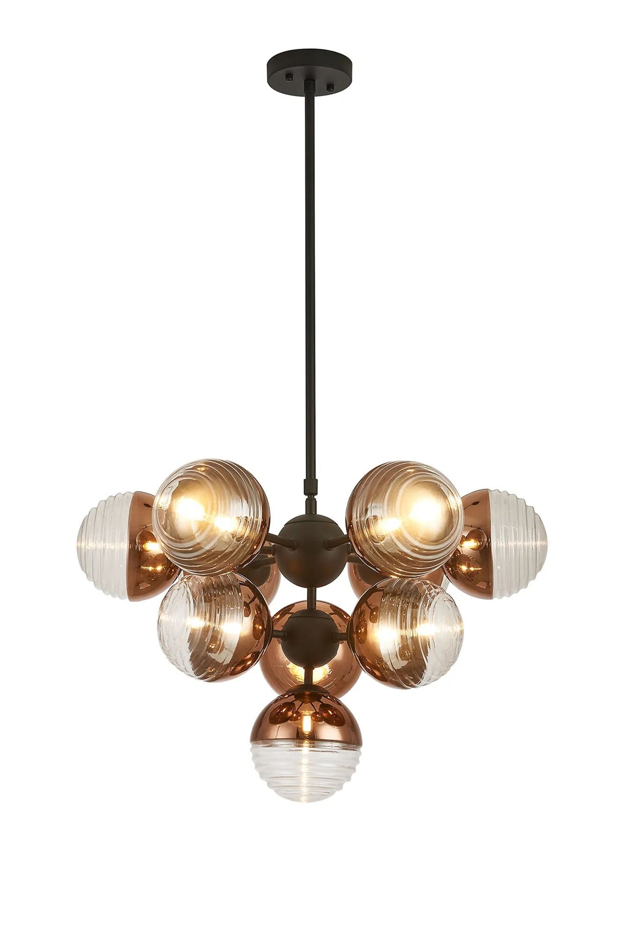 Armfield Telescopic Multi Arm Pendant, 10 x G9, Satin Black/Copper/Clear Two-Tone Round Spiral Glass (A)