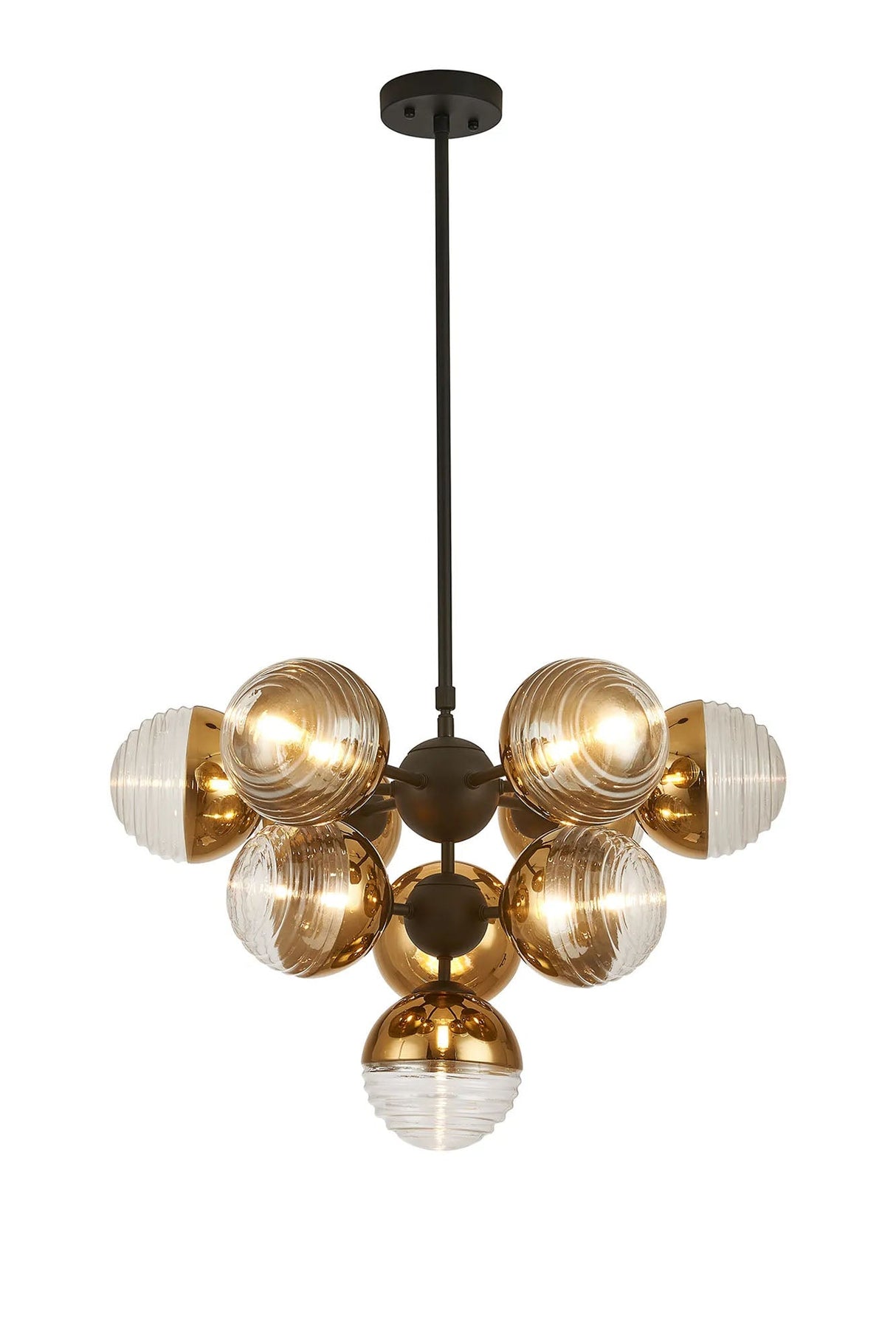 Armfield Telescopic Multi Arm Pendant, 10 x G9, Satin Black/Gold/Clear Two-Tone Round Spiral Glass (A)