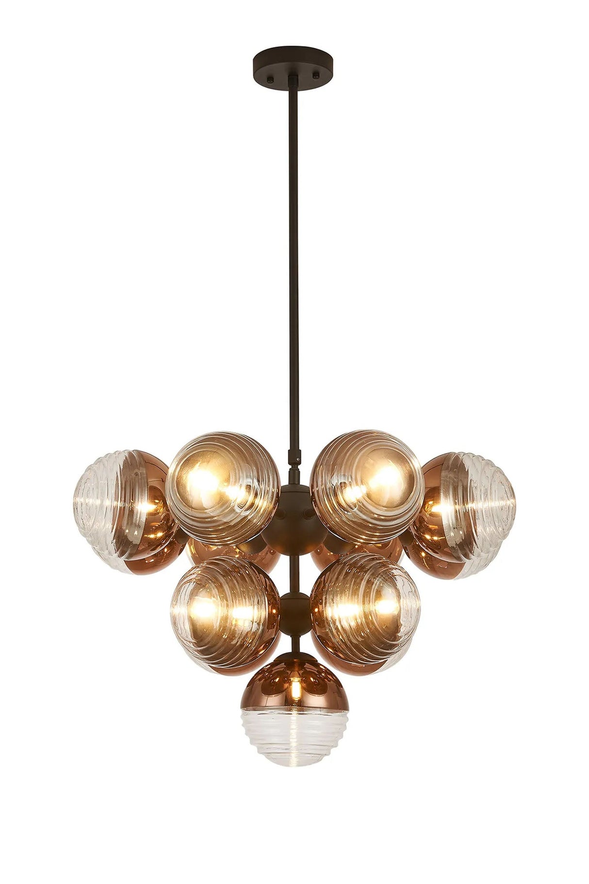 Armfield Telescopic Multi Arm Pendant, 13 x G9, Satin Black/Copper/Clear Two-Tone Round Spiral Glass (A)