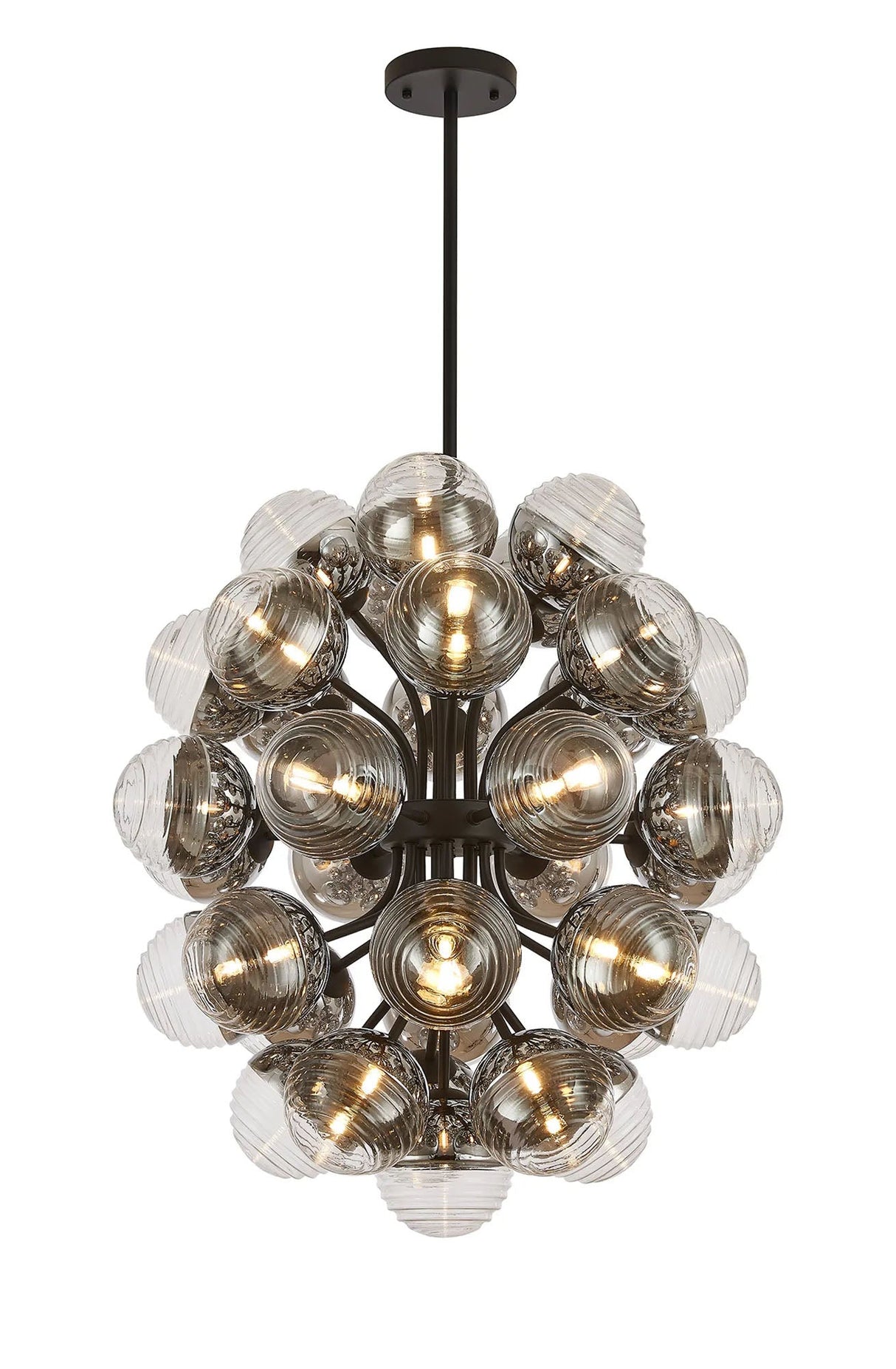Armfield 74cm Fixed Multi Arm Sphere Pendant, 35 x G9, Satin Black/Chrome/Clear Two-Tone Round Spiral Glass (A)