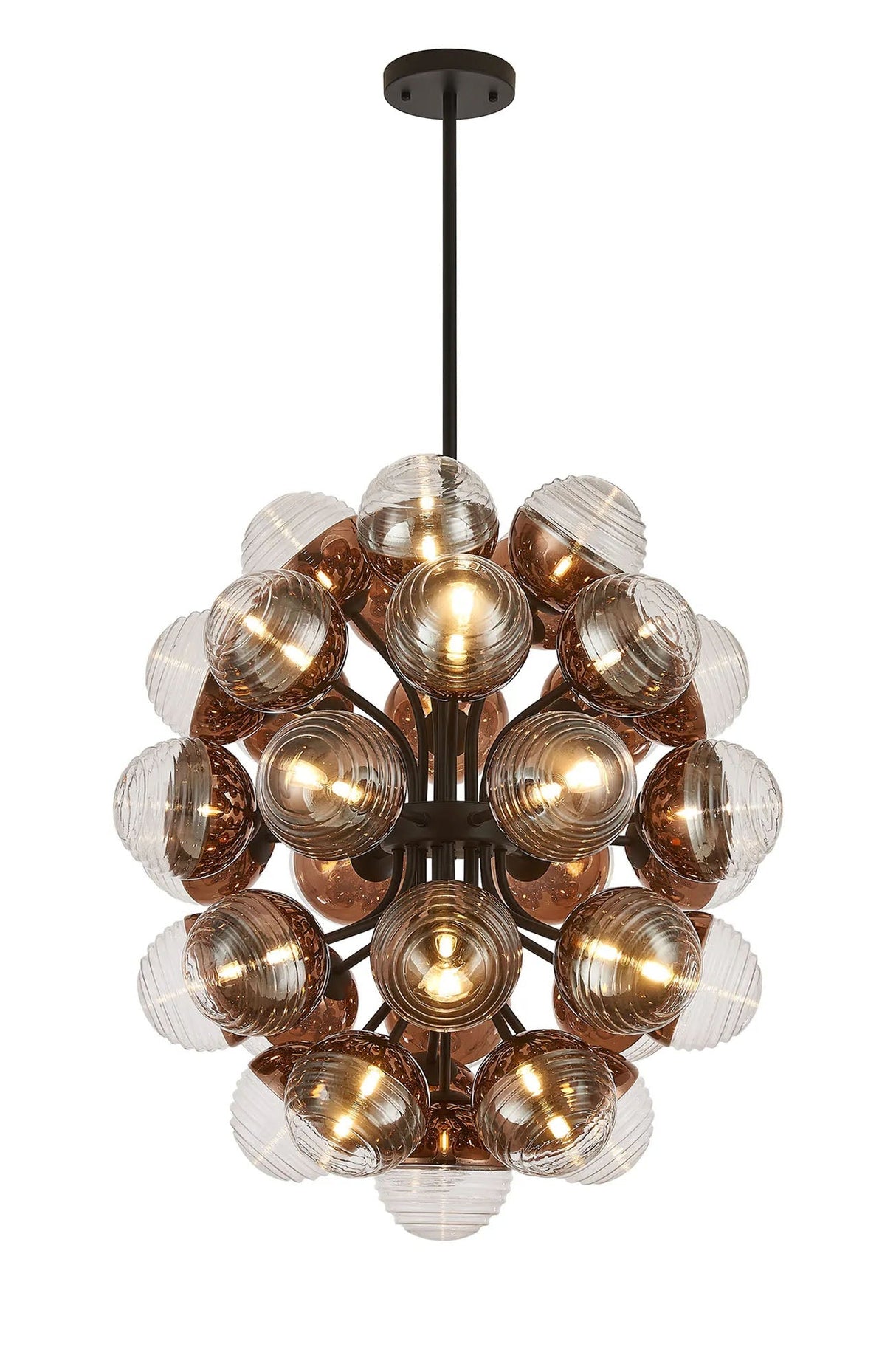 Armfield 74cm Fixed Multi Arm Sphere Pendant, 35 x G9, Satin Black/Copper/Clear Two-Tone Round Spiral Glass (A)