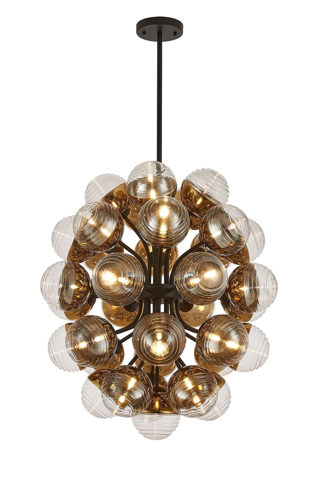Armfield 74cm Fixed Multi Arm Sphere Pendant, 35 x G9, Satin Black/Gold/Clear Two-Tone Round Spiral Glass (A)
