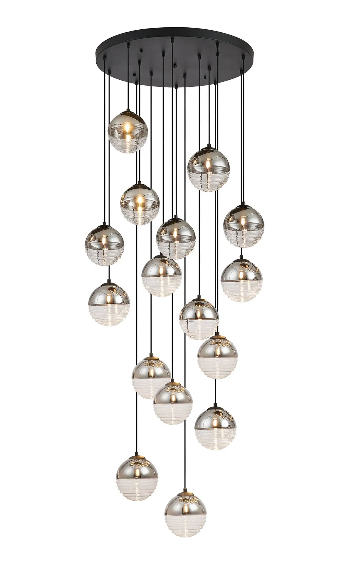 Armfield 68cm Pendant, 16 x G9, Satin Black/Chrome/Clear Two-Tone Round Spiral Glass (A)