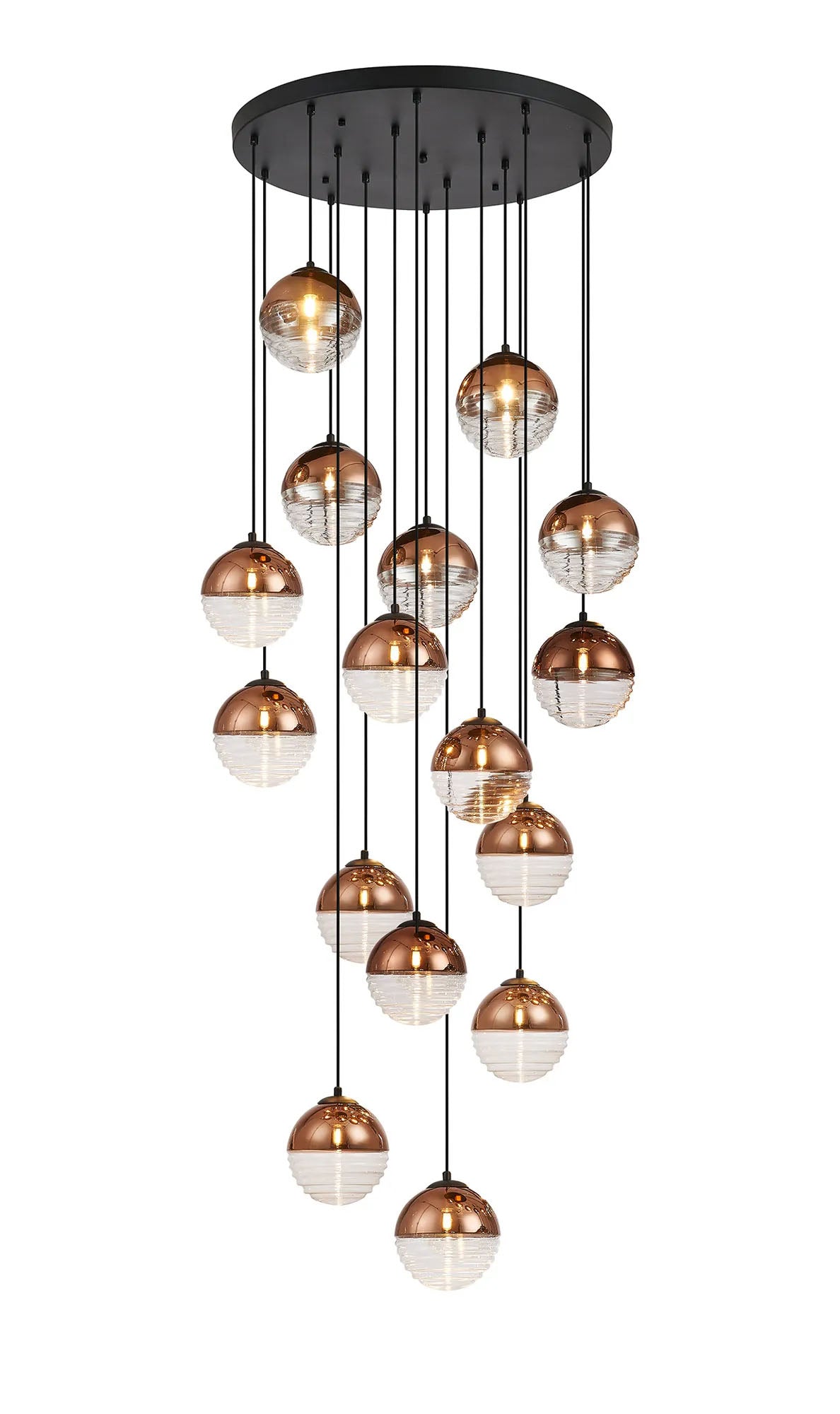 Armfield 68cm Pendant, 16 x G9, Satin Black/Copper/Clear Two-Tone Round Spiral Glass (A)
