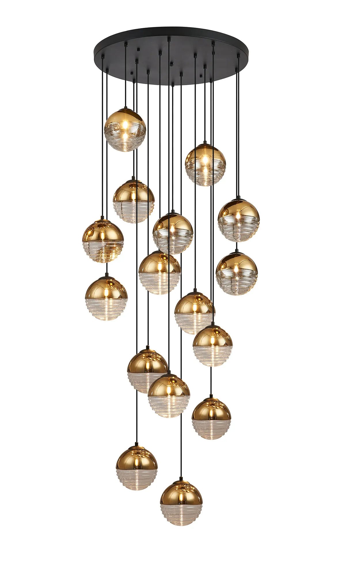 Armfield 68cm Pendant, 16 x G9, Satin Black/Gold/Clear Two-Tone Round Spiral Glass (A)