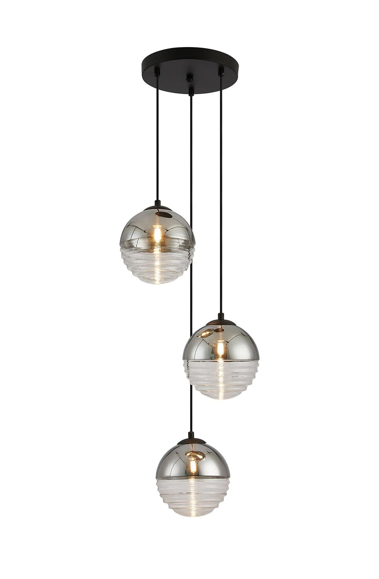Armfield 31cm Round Pendant, 3 x G9, Satin Black/Chrome/Clear Two-Tone Round Spiral Glass (A)