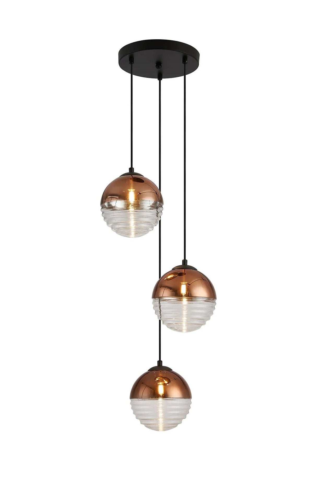Armfield 31cm Round Pendant, 3 x G9, Satin Black/Copper/Clear Two-Tone Round Spiral Glass (A)