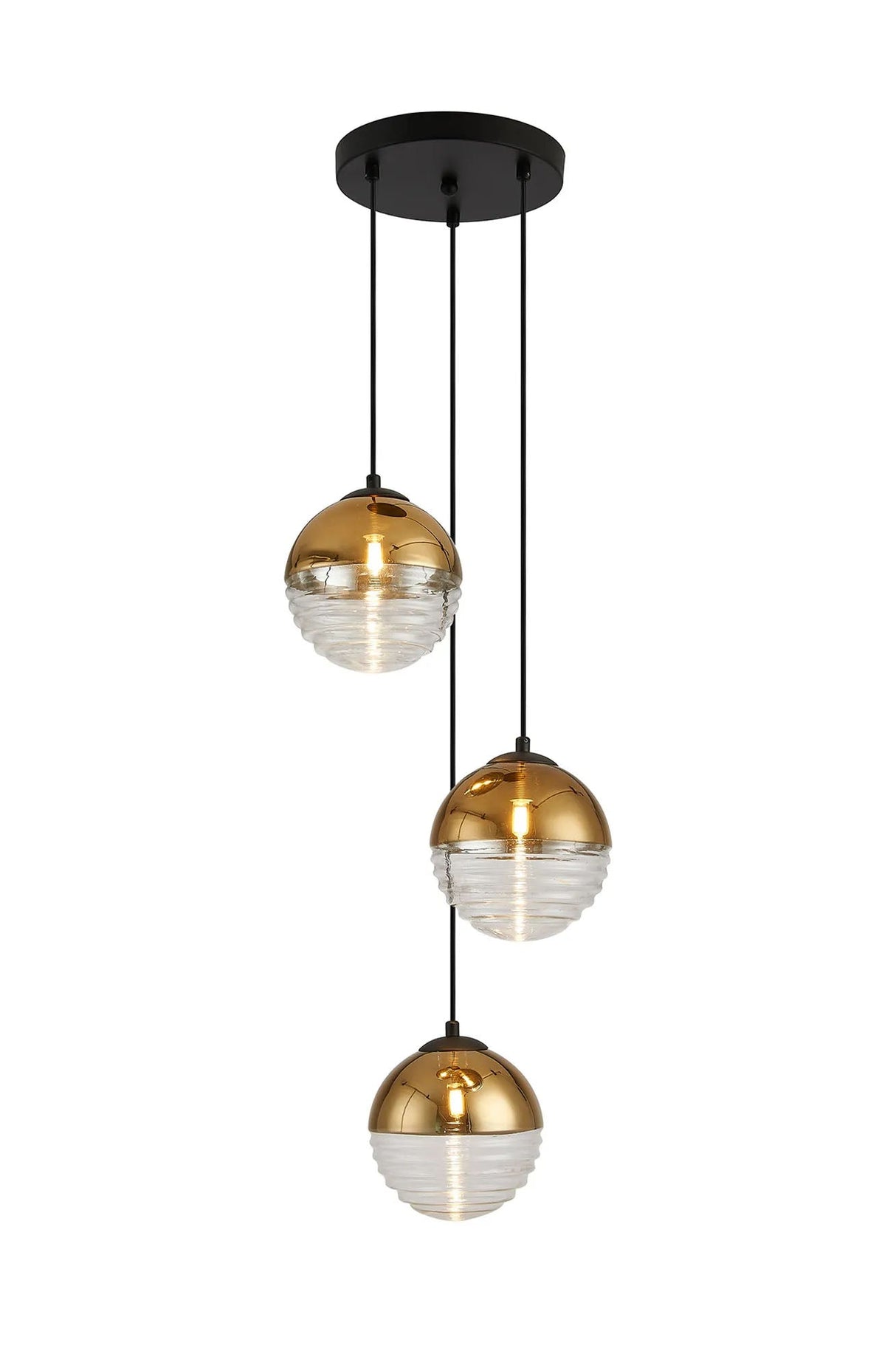 Armfield 31cm Round Pendant, 3 x G9, Satin Black/Gold/Clear Two-Tone Round Spiral Glass (A)