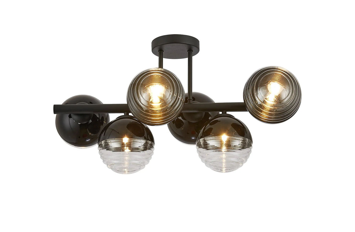 Armfield Semi-Flush Ceiling Light, 6 x G9, Satin Black/Black/Clear Two-Tone Round Spiral Glass (A)