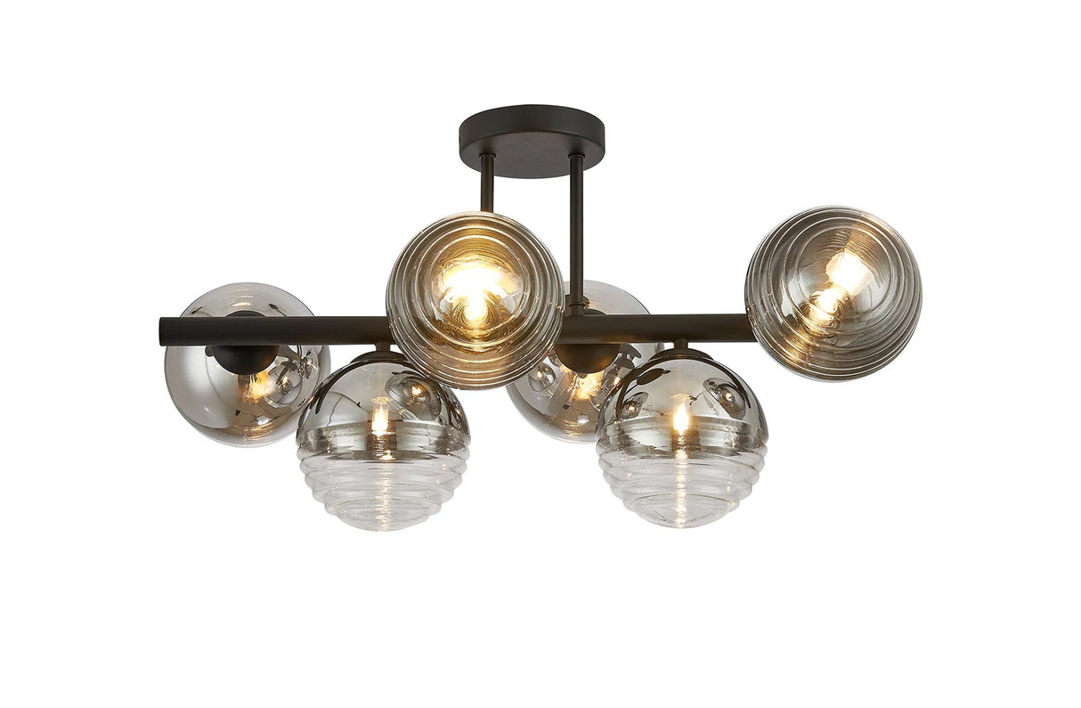 Armfield Semi-Flush Ceiling Light, 6 x G9, Satin Black/Chrome/Clear Two-Tone Round Spiral Glass (A)