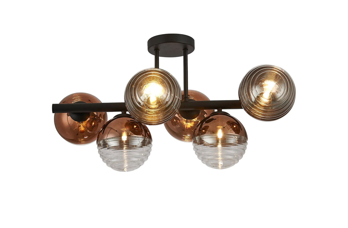 Armfield Semi-Flush Ceiling Light, 6 x G9, Satin Black/Copper/Clear Two-Tone Round Spiral Glass (A)