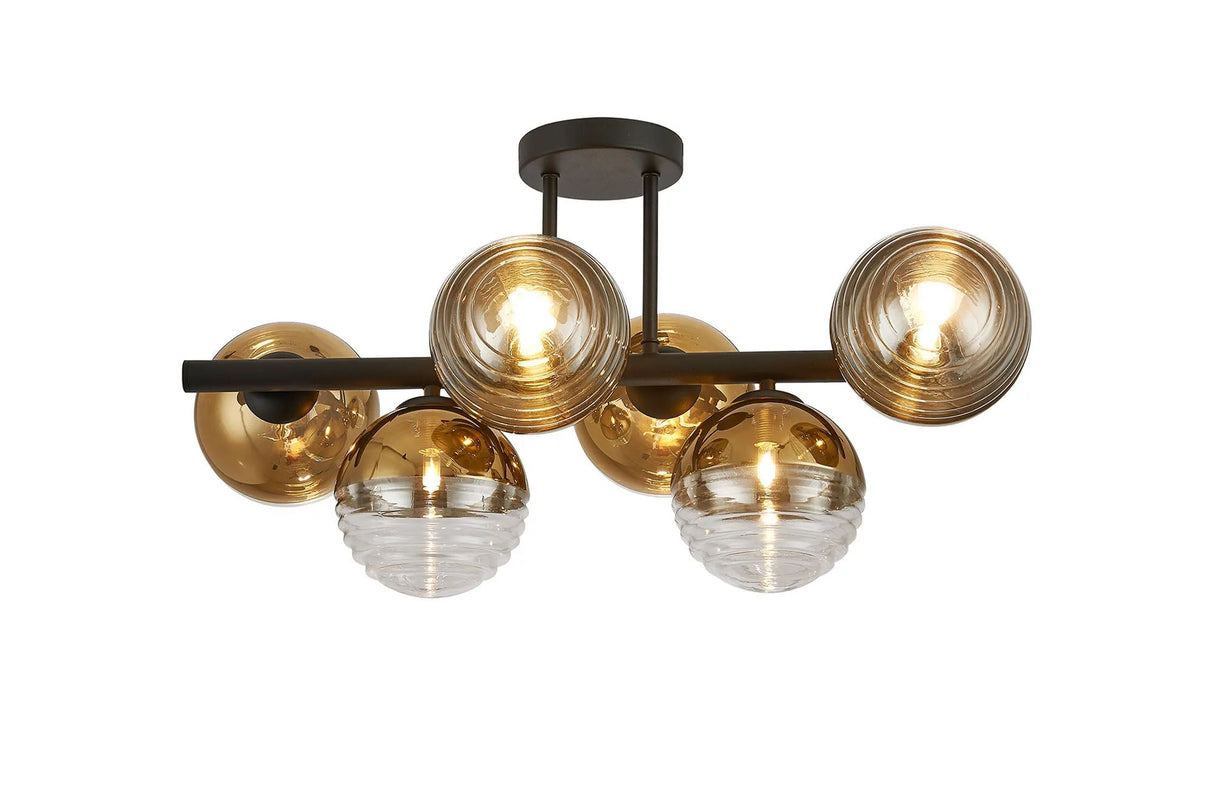 Armfield Semi-Flush Ceiling Light, 6 x G9, Satin Black/Gold/Clear Two-Tone Round Spiral Glass (A)