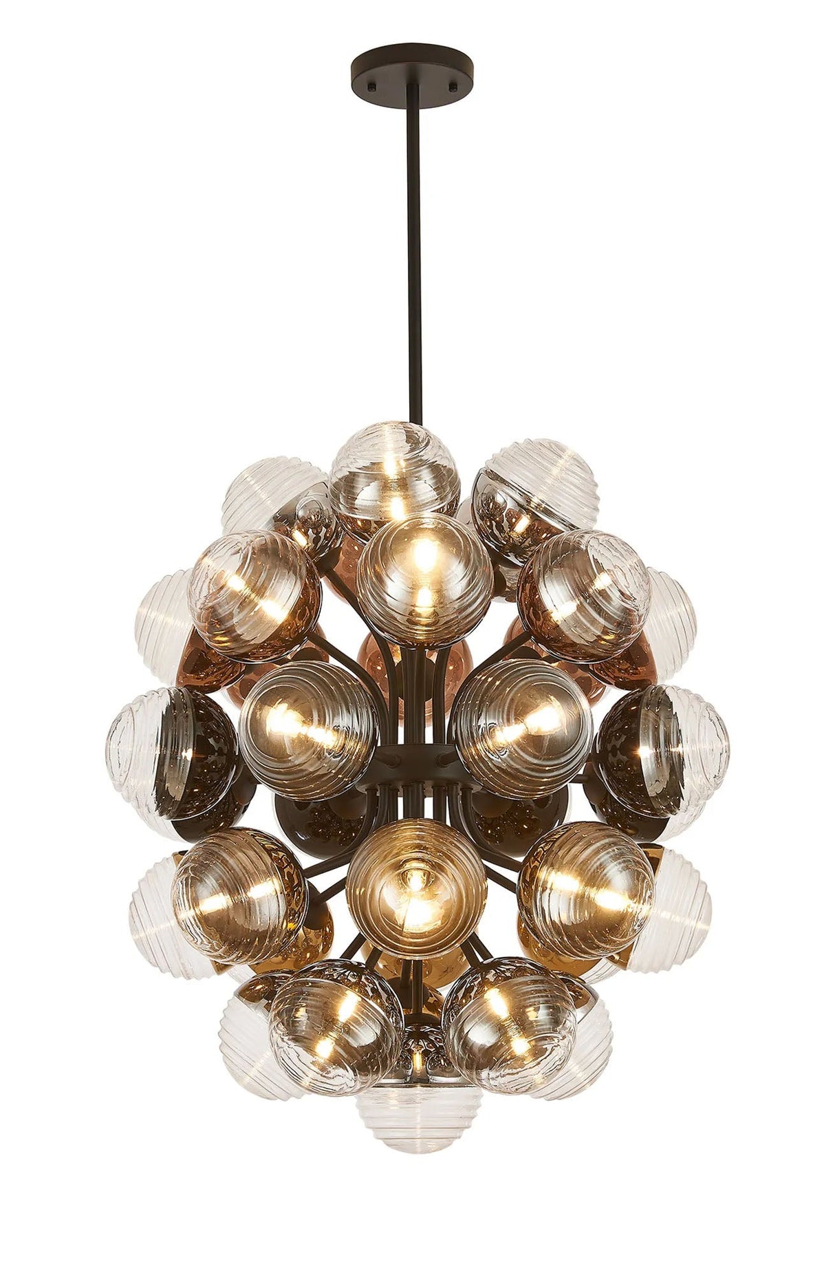 Armfield 74cm Fixed Multi Arm Sphere Pendant, 35 x G9, Satin Black/Black/Chrome/Copper/Gold/Clear Two-Tone Round Spiral Glass (A)