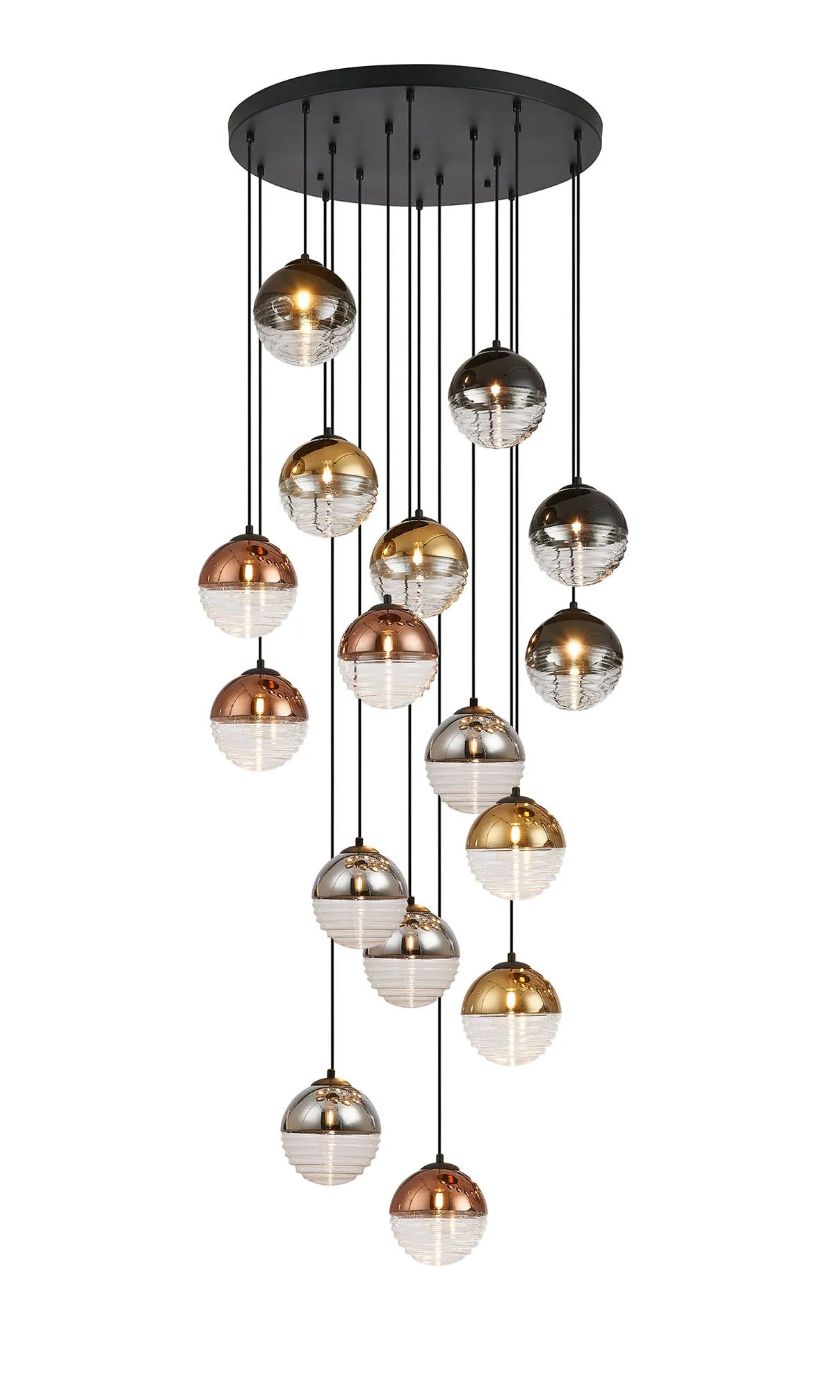 Armfield 68cm Pendant, 16 x G9, Satin Black/Black/Chrome/Copper/Gold/Clear Two-Tone Round Spiral Glass (A)