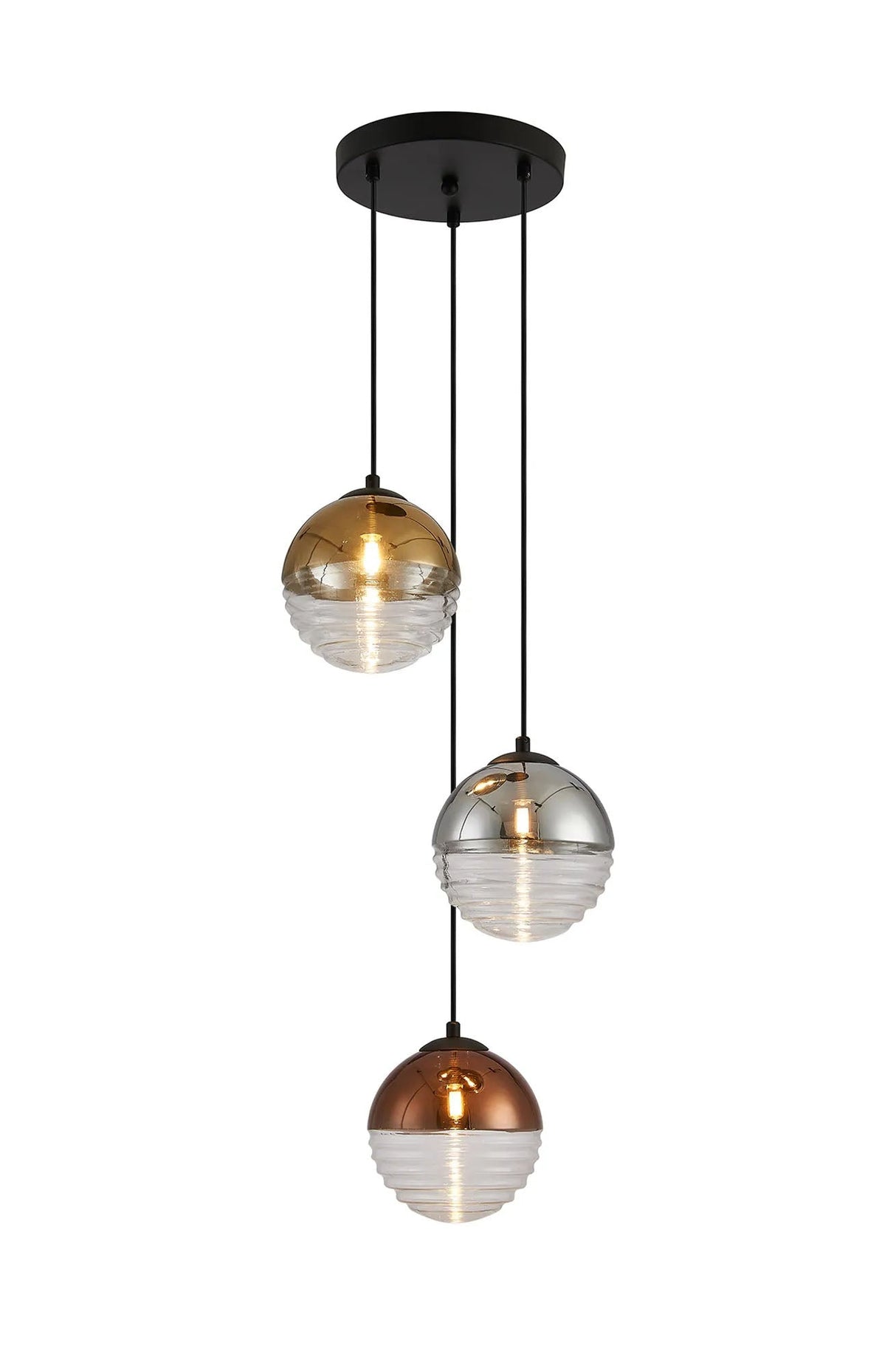 Armfield 31cm Round Pendant, 3 x G9, Satin Black/Chrome/Copper/Gold/Clear Two-Tone Round Spiral Glass (A)