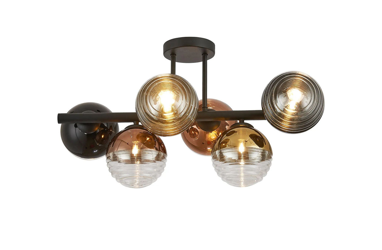 Armfield Semi-Flush Ceiling Light, 6 x G9, Satin Black/Black/Copper/Gold/Clear Two-Tone Round Spiral Glass (A)