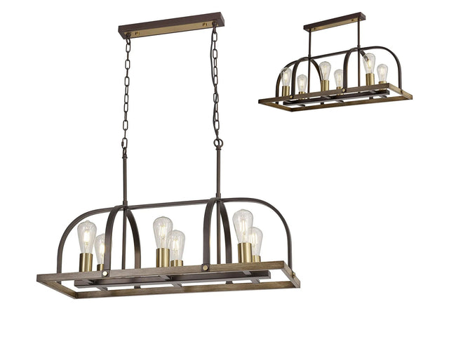 Atkins Pendant/Semi Flush Oblong 6 x E27, Antique Bronze/Brown Oxide/Wood