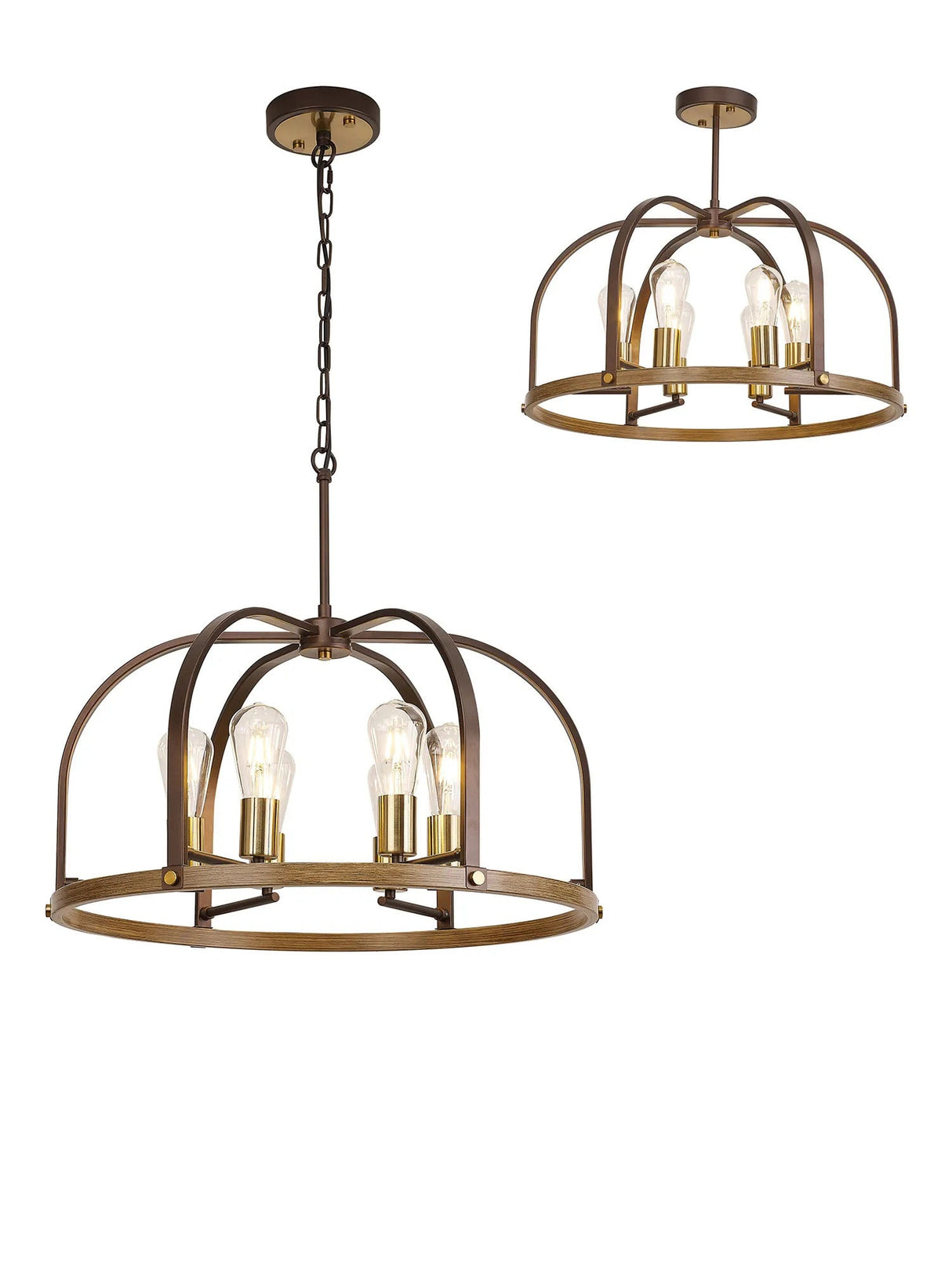 Atkins Pendant/Semi Flush Round 6 x E27, Antique Bronze/Brown Oxide/Wood