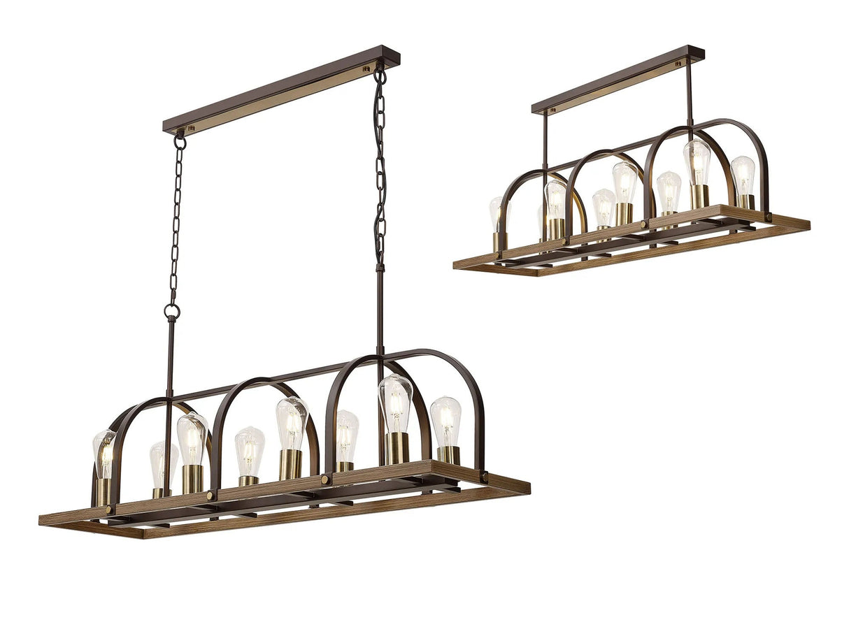 Atkins Pendant/Semi Flush Oblong 8 x E27, Antique Bronze/Brown Oxide/Wood