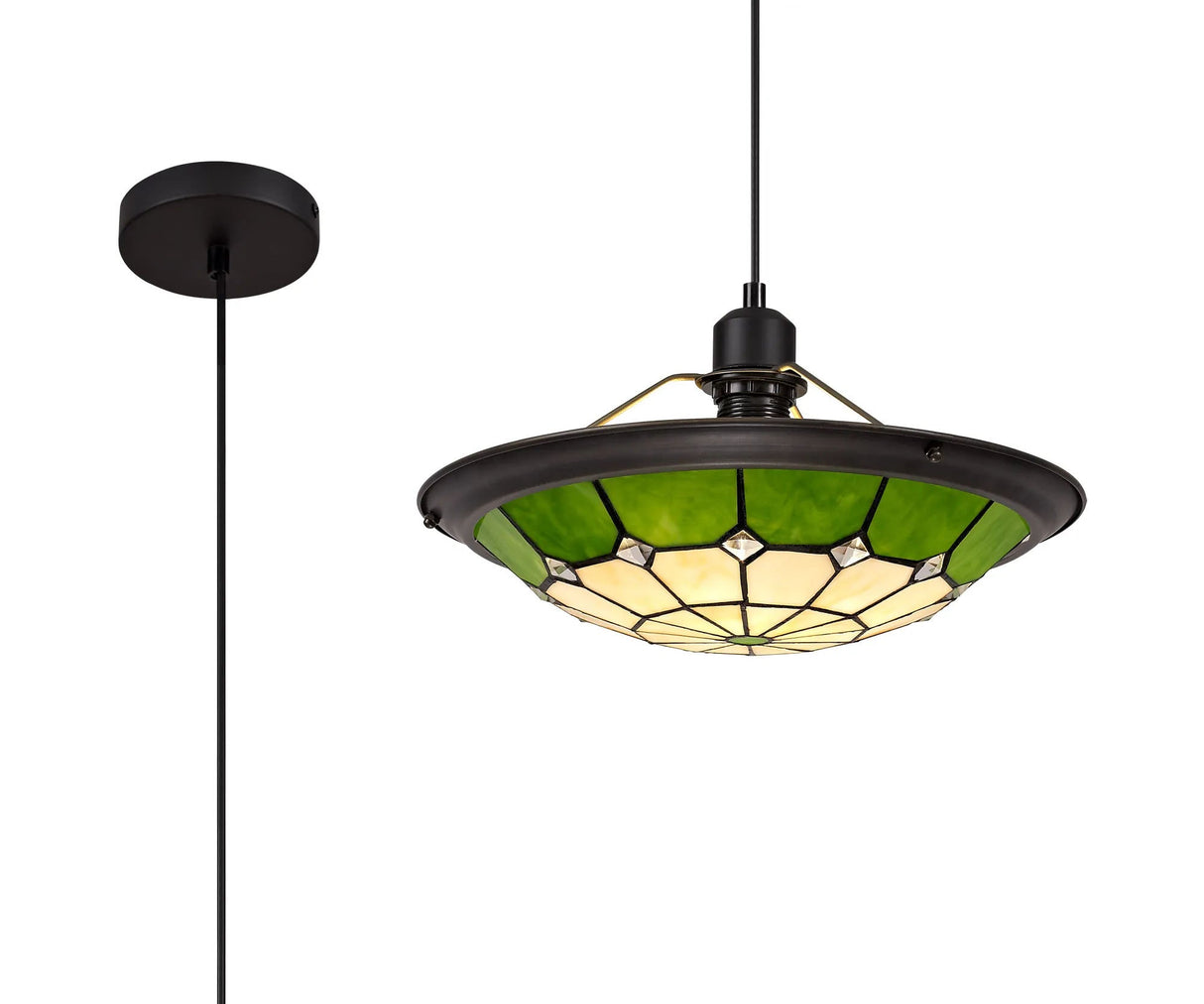Belfit 1 Light Pendant E27 With 35cm Tiffany Shade, Cream/Green/Clear Crystal Centre/Aged Antique Brass Trim/Black