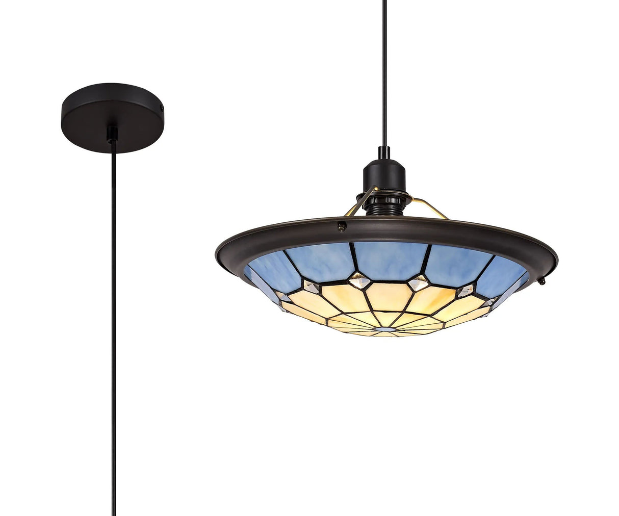 Belfit 1 Light Pendant E27 With 35cm Tiffany Shade, Cream/Rich Blue/Clear Crystal Centre/Aged Antique Brass Trim/Black