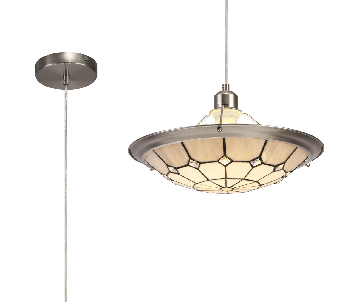Belfit 1 Light Pendant E27 With 35cm Tiffany Shade, Cream/Grey/Crystal Centre/Satin Nickel Brass Trim/Satin Nickel