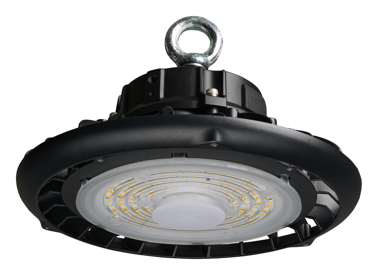 Bell Illumina Atlas LED High Bay light fitting in black circular disc-shaped housing with central diffuser lens, suspended by a single hook mount