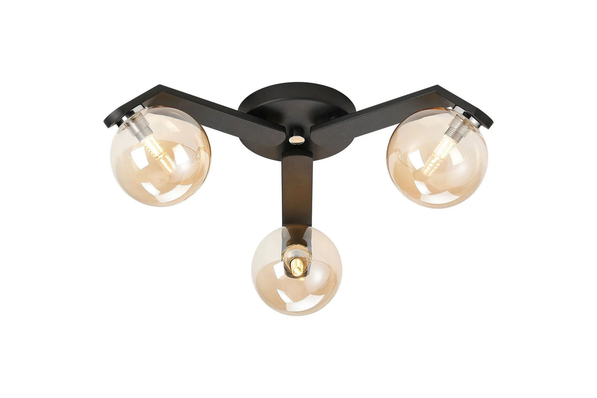 Bellingham Flush Ceiling, 3 x G9, IP44, Black/Polished Chrome/Amber Smooth Round Glass