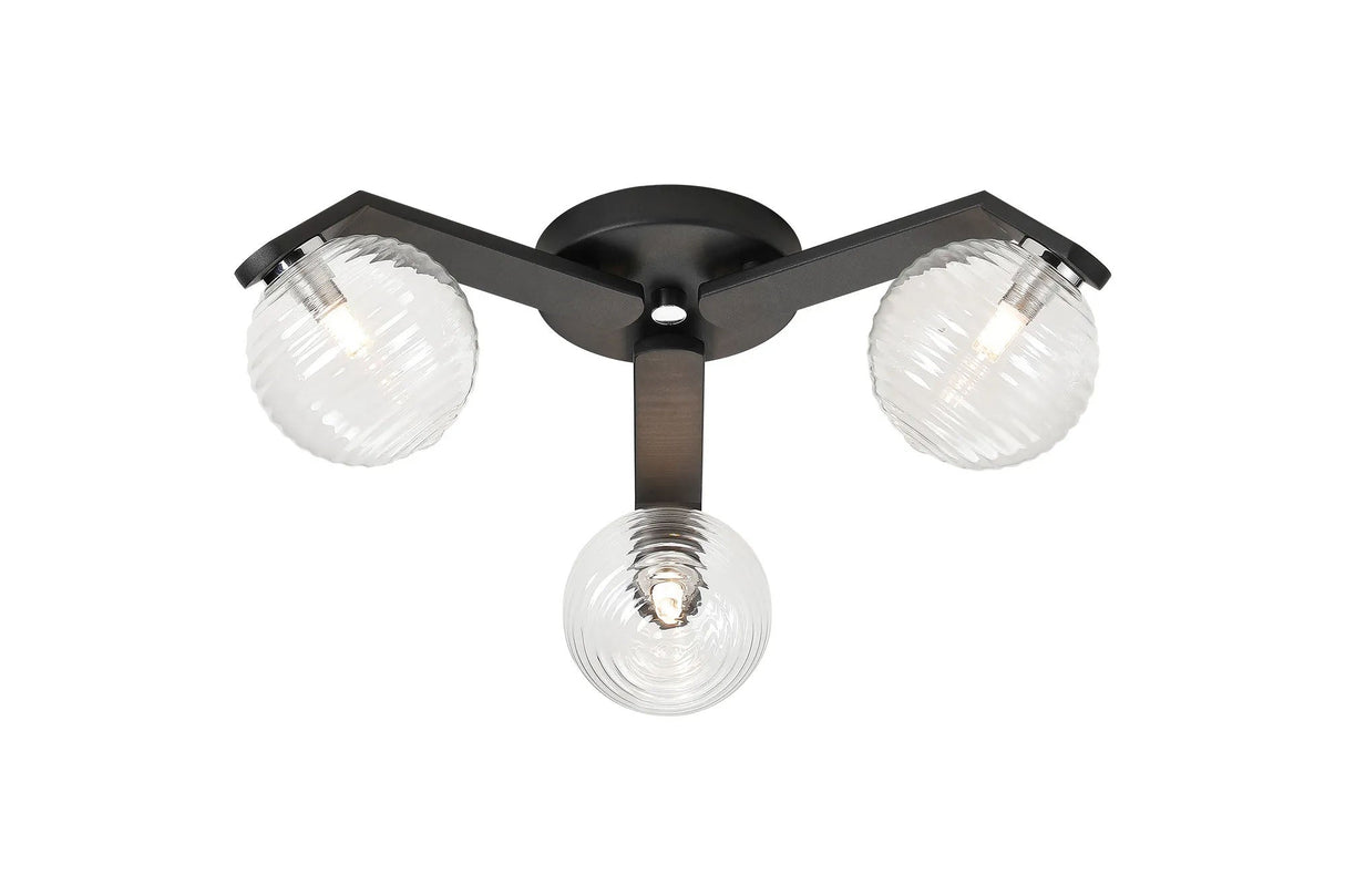 Bellingham Flush Ceiling, 3 x G9, IP44, Black/Polished Chrome/Clear Ribbed Round Glass