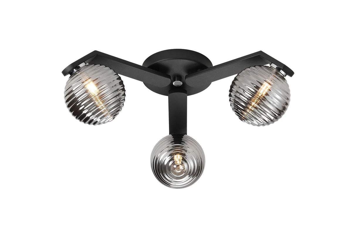 Bellingham Flush Ceiling, 3 x G9, IP44, Black/Polished Chrome/Smoke Ribbed Round Glass