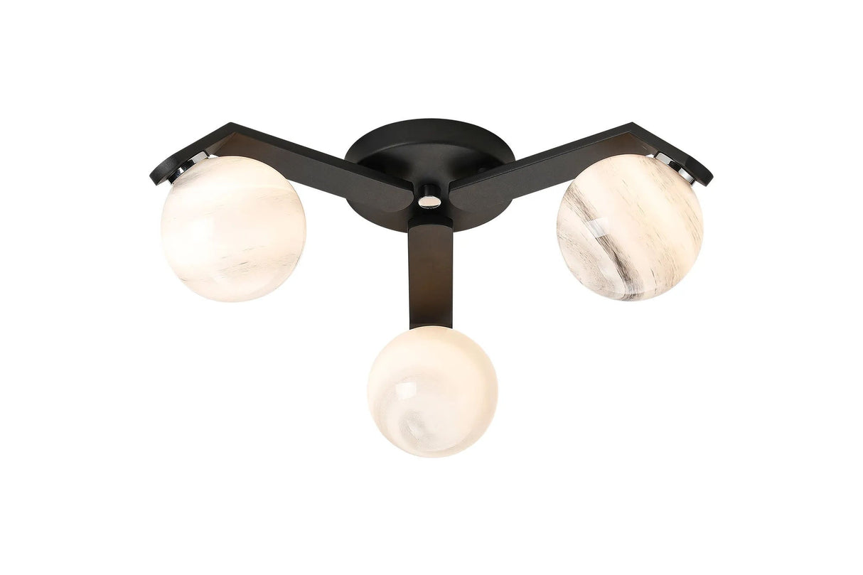 Bellingham Flush Ceiling, 3 x G9, IP44, Black/Polished Chrome/Grey Round Marble Effect Glass