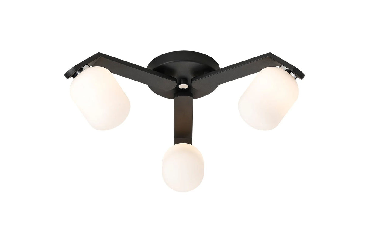 Bellingham Flush Ceiling, 3 x G9, IP44, Black/Polished Chrome/Opal Smooth Tubular Glass