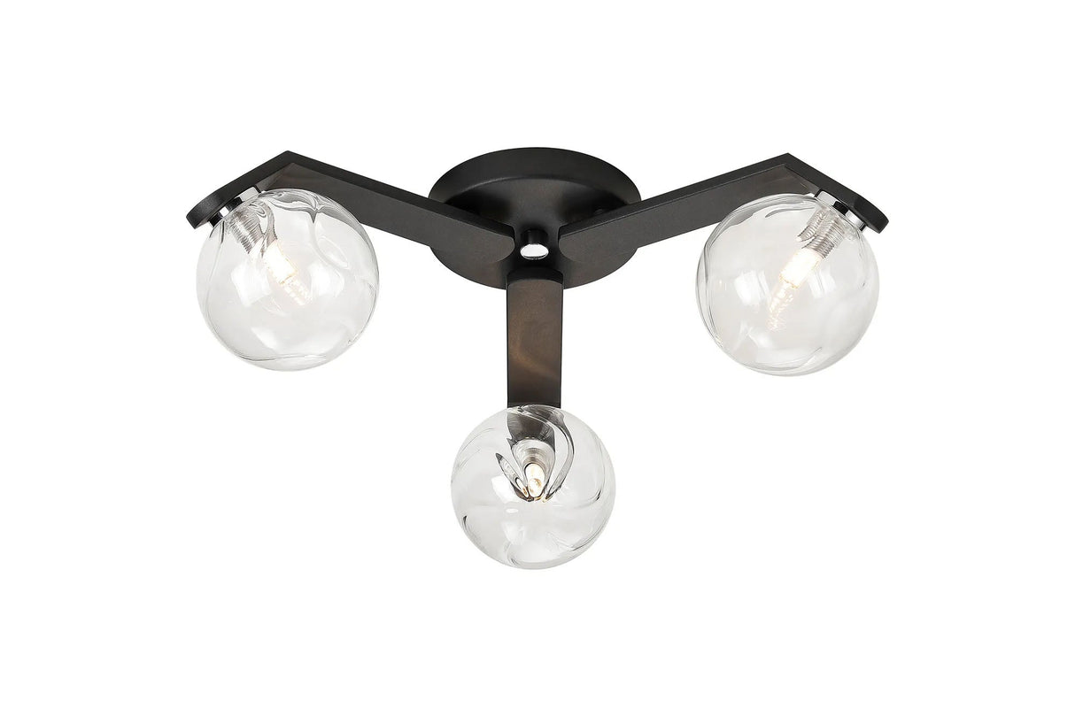 Bellingham Flush Ceiling, 3 x G9, IP44, Black/Polished Chrome/Clear Waved Round Glass