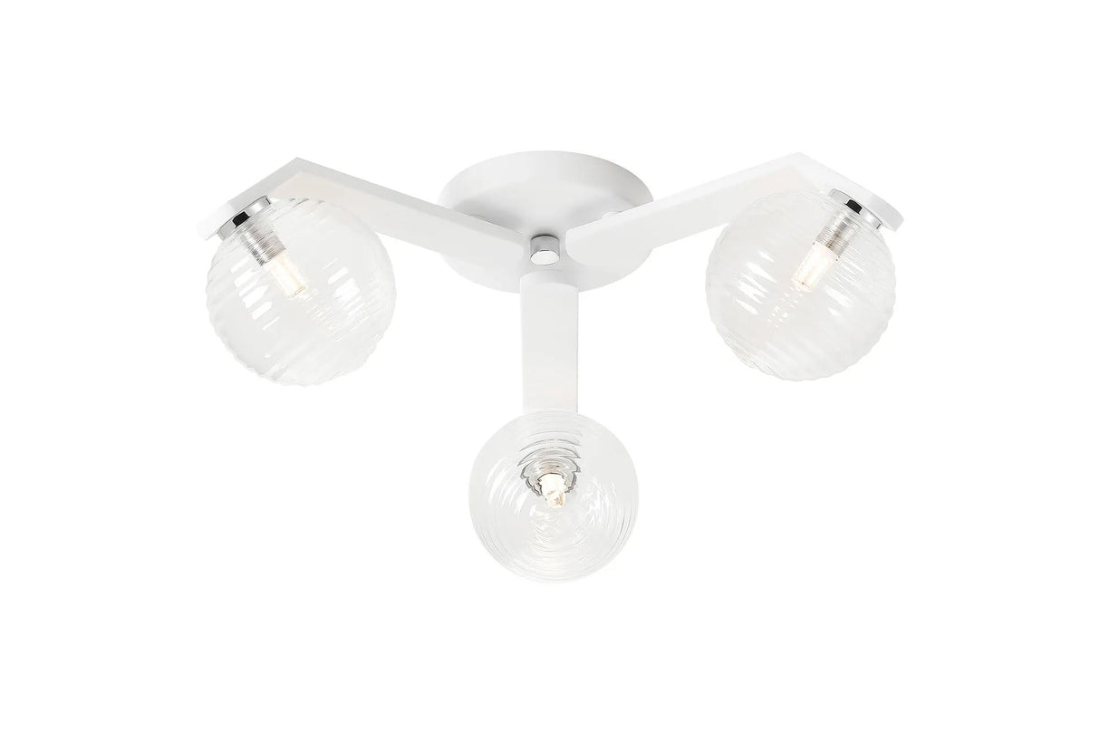 Bellingham Flush Ceiling, 3 x G9, IP44, White/Polished Chrome/Clear Ribbed Round Glass
