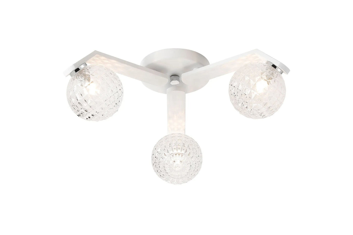 Bellingham Flush Ceiling, 3 x G9, IP44, White/Polished Chrome/Clear Cross Pattern Round Glass