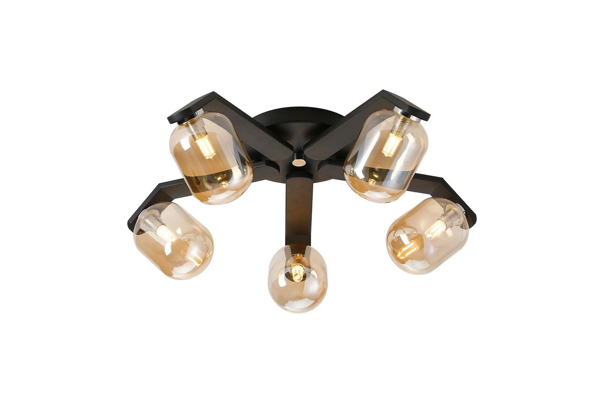 Bellingham Flush Ceiling, 5 x G9, IP44, Black/Polished Chrome/Amber Smooth Tubular Glass