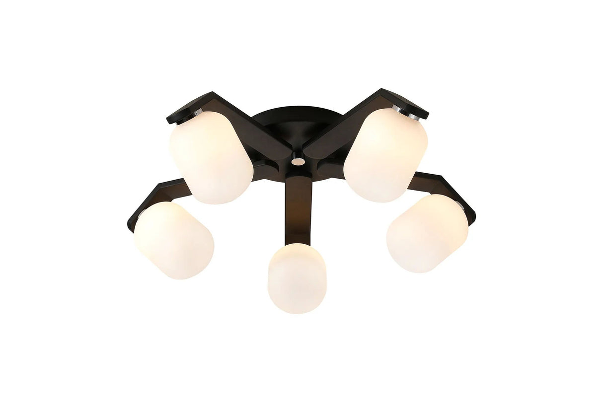 Bellingham Flush Ceiling, 5 x G9, IP44, Black/Polished Chrome/Opal Smooth Tubular Glass